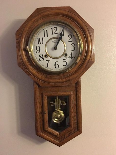 D & A Oak Regulator Chiming Wall Key Wind Clock with Pendulum and Key - Works Great! In excellent working condition. Glass is in excellent shape. Brass has a few minor scratches and some tarnishing i Regulator Clock, Pendulum Clock Aesthetic, Pink And Gold Wallpaper, Pendulum Wall Clock, Pendulum Clock, Gold Wallpaper, Dragon Ball Wallpapers, Antique Wall Clock, Pink And Gold