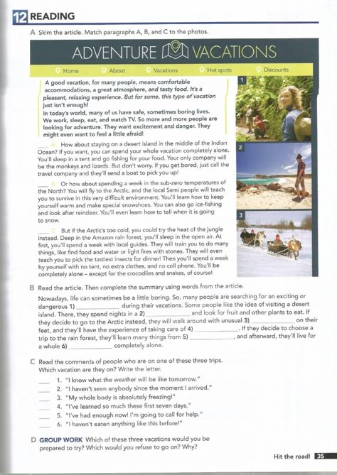 Reading - Adventure Vacations Reading Comprehension For Adults, Reading Text For Intermediate, Esl Reading Comprehension Intermediate, Grade 7 Reading Comprehension Worksheets, Reading And Comprehension Worksheets, Adventure Worksheet, English Reading Comprehension, English Reading Skills, Intermediate Reading