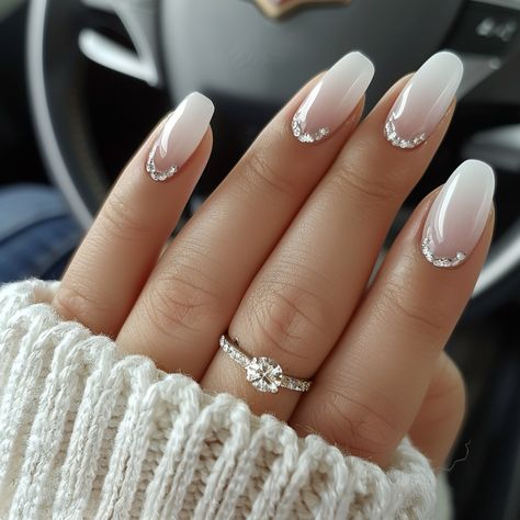 holiday nails, wedding nails, spring nails, summer nails, acrylic nails, gel nails, manicure, white nails, nude nails, long nails Simple Engagement Nails, White Ombre Nails With Design, White Gel Acrylic Nails, Bridal Nails Square, Square Bridal Nails, Neutral Ombre Nails, Proposal Nails Engagement, Engagement Nails Designs, Elegant White Nails