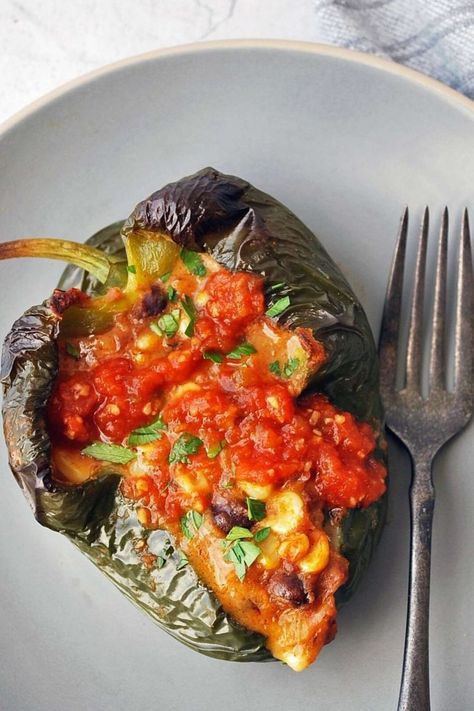 Veggie Stuffed Poblano Peppers - Amee's Savory Dish Stuffed Poblano Pepper, Stuffed Poblanos, Poblano Pepper, Mexican Shrimp, Poblano Peppers, Stuffed Poblano Peppers, Fresh Oregano, White Cheddar, Favorite Side Dish