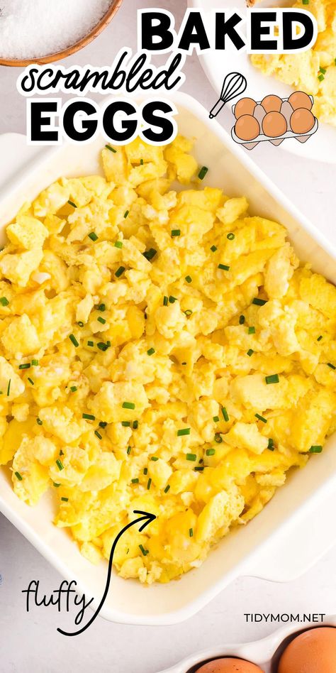 This oven baked scrambled eggs recipe will give you fluffy scrambled eggs every time. Ideal for holiday brunches and family gatherings, it's the easiest way to whip up eggs for a crowd! PRINTABLE RECIPE + TIPS at TidyMom.net Fluffy Eggs In The Oven, Make Ahead Eggs Scrambled, Cheese Eggs Scrambled, Bake Eggs, Oven Eggs, Scrambled Eggs In The Oven, Scramble Eggs For A Crowd, Scrambled Egg Casserole, Scrambled Eggs For A Crowd Brunches