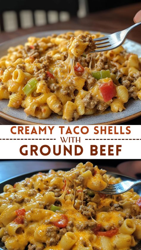 Creamy Taco Shells with Ground Beef Ground Beef And Shells Casserole, Ground Beef Shells Recipes, Mexican Shells And Ground Beef, Shell Pasta With Ground Beef, Ground Beef Taco Meat Recipes, Taco Dishes Ground Beef, Soft Taco Recipe Ground Beef, Conchitas With Ground Beef, Ab Foods