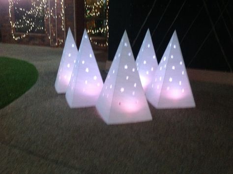 Corflute Christmas trees - 1 metre tall - illuminated with RGB LED pixels. Cobar Street, Lota, Brisbane 2013. Corflute Ideas, Christmas In Egypt, Christmas Stage Design, Ancient Future, Christmas Stage, Museum Display, Outside Christmas Decorations, Museum Displays, Corrugated Plastic