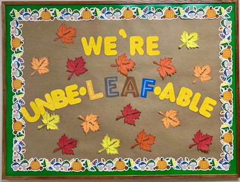 Fun fall bulletin board August Bulletin Boards, Fall Bulletin Board Ideas, Daycare Bulletin Boards, Toddler Bulletin Boards, September Bulletin Boards, October Bulletin Boards, November Bulletin Boards, Kindergarten Bulletin Boards, Class Bulletin Boards