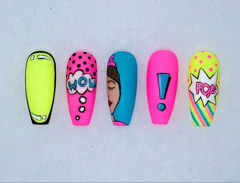 Pop Culture Nail Art, Pop Art Nails Designs Simple, Pop Art En Uñas, Uñas Pop Art, Pop Art Nails Designs, Comic Nail Art, Korea Nail Art, Animation Nails, Pop Nails