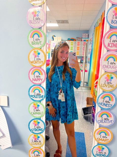 Ootd, outfit inspo, classroom ideas, classroom, classroom must haves, teacher must haves, teacher favorites, outfit ideas Affirmation Mirror Classroom, Teacher Wardrobe Essentials, Teacher Styles, Daycare Outfits, Affirmation Mirror, Classroom Must Haves, Affirmation Station, Teacher Ootd, Teacher Fits