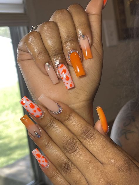 Yellow Cow Print Nails, Orange Cowprint Acrylic Nails, Brown Cow Print Acrylic Nails, Orange Cow Print Nails, Colourful Cow Print Nails, Different Color Cow Print Nails, Orange Cow Print, Nails Cow Print, Colourful Acrylic Nails