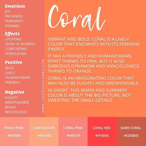 Meaning of the Color Coral: Symbolism, Common Uses, & More (2022) Peach Colour Meaning, Wedding Color Meanings, Coral Branding Palette, Coral Color Pallete, Coral Wall Paint, Coral Quotes, Coral Branding, Coral Meaning, Vibrant Academia