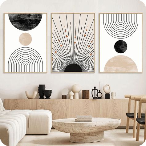 [Promotion] This wall art set is perfect for adding a modern, minimalist look to your mid-century modern living room decor. The neutral beige color palette and geometric shapes will bring a stylish touch to any room. The three pieces also come with hanging hardware, making them easy to install in any room. #midcenturymodernlivingroomdecor Modern Mid Century Living Room Decor, Mid Century Modern Art Work, Black And Neutral Living Room Apartment, Simple Modern Apartment Decor, Sage Cream Black Living Room, Photo And Art Gallery Wall, Mid Century Modern Boho Decor, Large Wall Decor Living Room Modern, Beige And Black Office