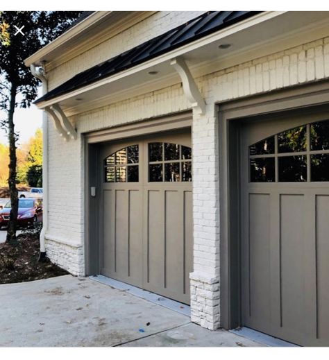 Painted Brick Exterior, Garage Door Colors, Painted Brick Exteriors, White Exterior Houses, Transitional Exterior, Painted Brick House, House Paint Color Combination, Carriage Doors, Exterior House Color