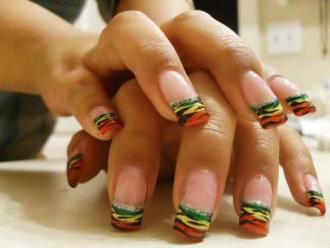 rasta nails - maybe for hempfest this weekend? Rasta Nails Acrylic, Jamaican Flag Nails, Rastafarian Nail Art, Rasta Eyeshadow Looks, Reggae Nails Rasta Colors, Makeup Essentials For Beginners, Jamaica Nails, Rasta Nails, Tropical Nail Designs