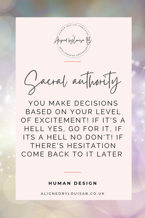 Human design authority is all about how you make decisions that are correct for you, if you have a sacral authority, it is often reffered to as an yes or no gut resonse to commit your energy to something. I feel it as a level of excitement to do something, if it's a hell yes go for it, if it's a hell no dont do it! And if there's some hesitation check in again later Sacral Authority, Healing Methods, Reiki Training, What Is Human, Human Design System, Holistic Therapies, Yes Or No, Holistic Living, Design Strategy