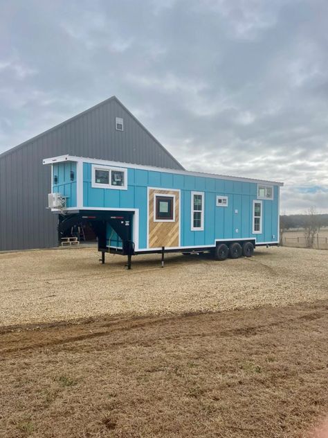 Cerulean Tiny House w/ Bunkroom & Gooseneck Master Goose Neck Tiny House, Tiny House Gooseneck, Luxury Tiny House, Gooseneck Tiny House, Shower Sliding Glass Door, Custom Backsplash, Tiny House Talk, Bus Living, Tiny House Builders