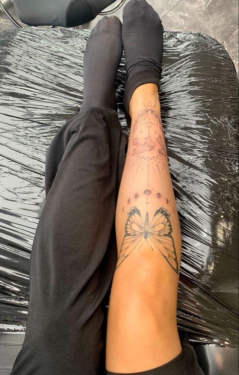 Leg Tattoos Women Lower Calf Butterfly, Cool Shin Tattoos, Shin Sleeve Tattoos For Women, Butterfly Tattoo On Shin, Small Leg Tattoos Women Calf, Butterfly Tattoo Shin, Butterfly Under Knee Tattoo, Shin Tattoo Women, Leg Tattoos Butterfly