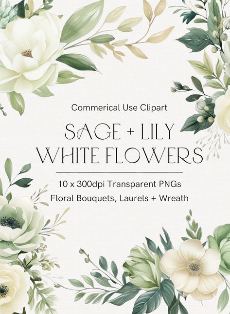 Sage Green & Lily White Flowers Clipart Collection Sage Green Flowers, White Flower Bouquet, Sage Green Floral, Floral Wreath Watercolor, Ivory Flowers, Wreath Watercolor, Green Flowers, Floral Bouquets, Sage Green