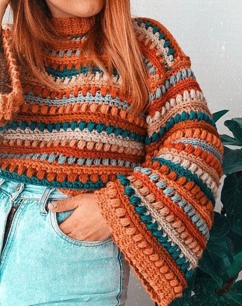 Crochet Tapestry Sweater, Crochet Sweater Free, Fall Crochet, Sweater Patterns, Crochet Knit Stitches, Crochet Sweaters, Crochet Quilt, Fun Crochet Projects, Crochet Shirt