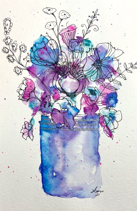 Loose Ink Drawing, Watercolor Flowers With Pen Outline, Loose Ink Sketches, Ink And Watercolor Flowers, Line And Wash Flowers, Pen And Ink Watercolor Paintings, Watercolor With Pen Outline, Pen And Ink Drawings With Watercolor, Watercolour And Pen Art