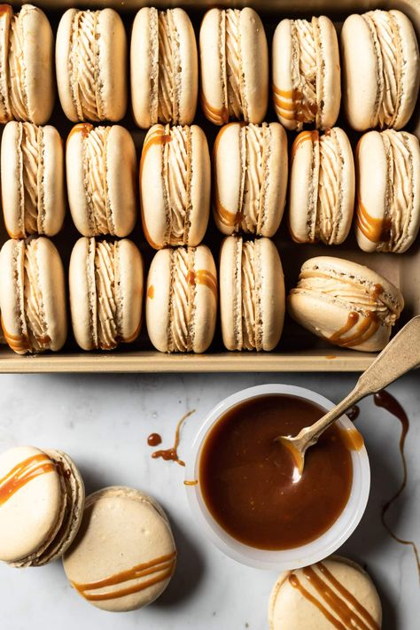 Espresso Macarons, Salted Caramel Macarons, Salted Caramel Filling, Caramel Macarons, Seasonal Baking, Macarons Macaroons, Caramel Filling, Macaron Flavors, Caramel Buttercream