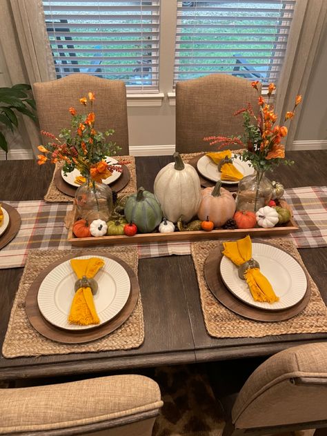 Pumpkin Dining Table Decor, Autumn Table Dining Room, Fall Center Piece For Long Dining Table, Fall Table Centerpieces Tiered Tray, Pumking And Garland Table Deco For Thanksgiv, Fall Centerpieces Diy, Pumpkin Table Decorations, Fall Dining Room, Dining Room Table Centerpieces