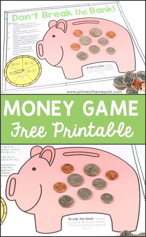 FREE printable "Don't Break the Bank" game and other money activities for second grade Money Games For Kids, Money Songs, Geek House, Teaching Money, Money Activities, Money Math, Money Worksheets, Money Lessons, Money Skills