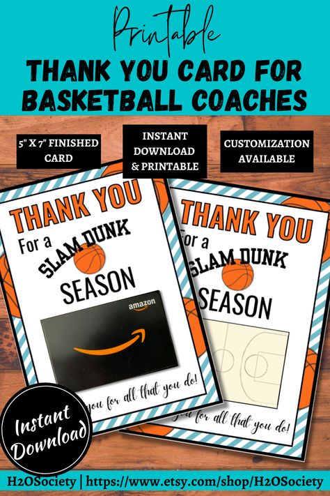 Need some coach gift ideas or a way to thank your child's basketball coach at the end of the season? Give them this printable coach thank you card that doubles as a gift card holder. With it, you can show your appreciation to your child's basketball coach and give them an end-of-the-season gift at the same time. Thank You Coach Printable Free, Coach Thank You Card, Thank You Coach Gift Tags, Gifts For Coaches Basketball, Basketball Coach Thank You Card, Basketball Invitations, Basketball Coach Gifts, Basketball Theme Party, Sports Banquet