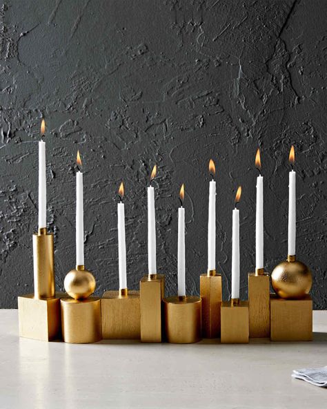 gilded wooden blocks for a Hanukkah menorah Make Your Own Menorah, Menorah Aesthetic, Hannukah Decorations Aesthetic, Chrismukkah Decorations, Hannukah Decorations, Diy Hanukkah, Menorah Candles, Hanukkah Crafts, Metallic Gold Paint