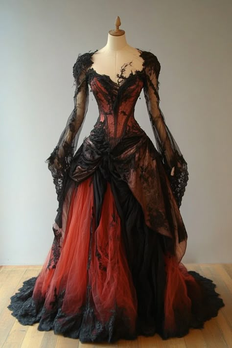 Vampire Goth Dress, Old Victorian Aesthetic, Black Spider Lily, Vampire Dresses, Red Gothic Dress, Vampire Gown, Dark Themed Wedding, Vampire Couture, Pick Wedding Dress