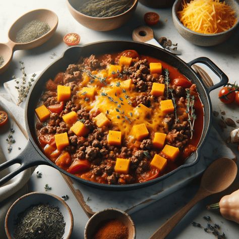 Hearty Ground Beef Butternut Squash Recipe Skillet for Thanksgiving - Blend of Bites Hamburger Butternut Squash Recipes, Butternut Squash And Ground Beef Recipes, Butternut Squash And Ground Beef, Ground Beef And Butternut Squash, Ground Turkey Butternut Squash, Beef Butternut Squash, Butternut Squash Skillet, Honeynut Squash, Butternut Squash Recipe