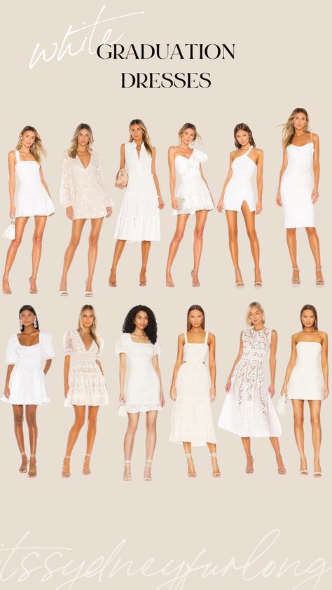 White Dress Graduation Classy, Senior Picture Dress, White Graduation Dress College Classy, Graduation Dress University Classy, White Graduation Gown, White Graduation Dress College, Middle School Graduation Dresses, Graduation Dress For Mom, White Grad Dresses