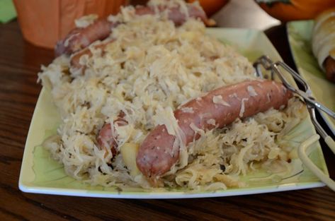 Apple Onion Sauerkraut and Sausage Fried Sauerkraut, Sauerkraut And Sausage, Sausage And Sauerkraut, German Potato Pancakes, Slow Cooker Sausage, Sauerkraut Recipe, Warm Potato Salads, Potato Pancake, Boneless Pork Shoulder