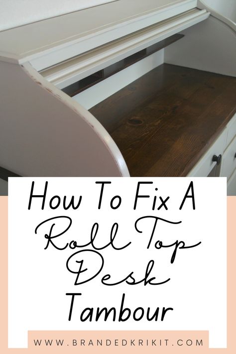 Is the tambour of your roll top desk falling apart or keep getting stuck? Find our here how to fix your roll top desk tambour! Painted Rolltop Desk, Roll Up Desk Makeover, Refurbished Roll Top Desk Ideas, Repurpose Roll Top Desk Ideas, Roll Desk Makeover, Rolltop Desk Decor, Refurbished Roll Top Desk, Refinished Roll Top Desk, Repurposed Roll Top Desk