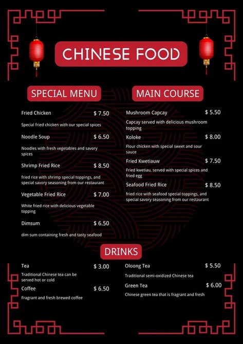 Red and Black Illustration Chinese Food Menu - Templates by Canva Chines Food Menu Design, Chinese Menu Ideas, Vietnamese Menu Design, Chinese Menu Design Ideas, Chinese Menu Card, Chinese Food Menu Design, Chinese Restaurant Menu Design, Asian Menu Design, Chinese Menu Design