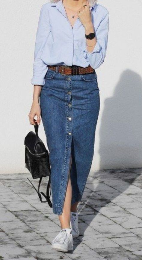 Denim Dress Outfit Fall, Yellow Blazer Outfit, Summer Denim Dress, Denim Midi Skirt Outfit, Denim Shorts Outfit Summer, Long Denim Skirt Outfit, Denim Skirt Fashion, Jean Skirt Outfits, Outfit Denim