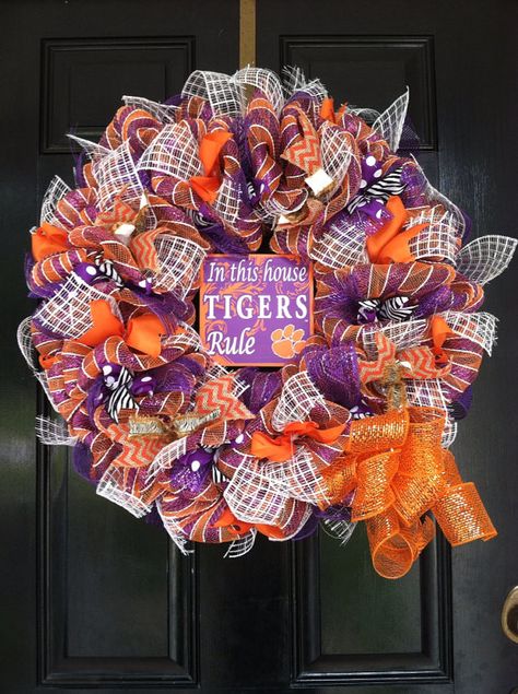 Large Mesh Ribbon Collegiate Wreath Clemson University Tigers College Football Basketball Baseball Orange Purple Stripe Ribbon on Etsy, $79.50 Clemson Wreath, College Football Decor, Clemson Decor, Football Team Wreaths, Clemson Baby, Clemson Tailgating, Clemson Tiger Paw, Tailgate Decorations, Sports Wreath