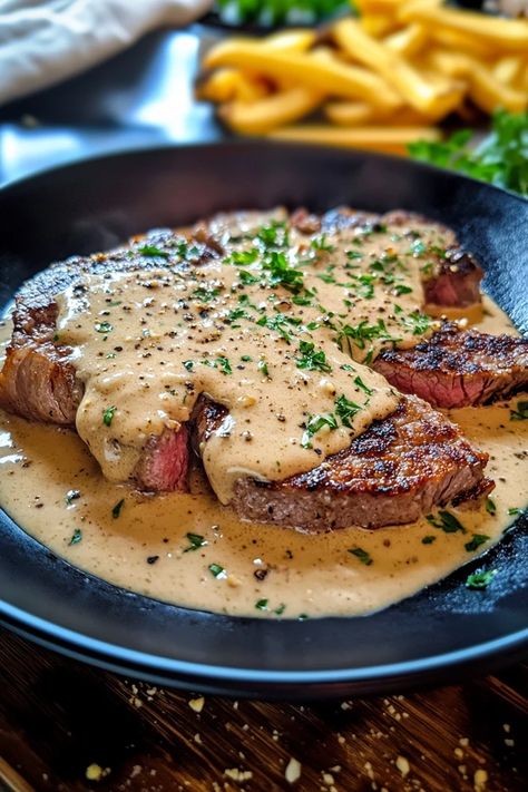 Elevate your dinner with these perfectly seared Steaks with Garlic Cream Sauce. Rich, creamy, and packed with garlicky goodness, this recipe takes your steak game to the next level. Ready to cook? Click for the recipe! #SteakDinner #GarlicCreamSauce #SteakRecipe #DinnerInspiration #EasyGourmet #SteakLovers #GarlicLovers #CreamySauce #QuickDinnerIdeas #DinnerTonight #FoodieFavorites #ComfortFood Steak For Thanksgiving, Steak White Sauce, Steak With Butter Sauce, Sauce For Steak And Rice, Steak Recipes With Sauce, Steak With White Sauce, Perfect Steak Dinner, Flank Steak Sauce, Delicious Steak Recipes