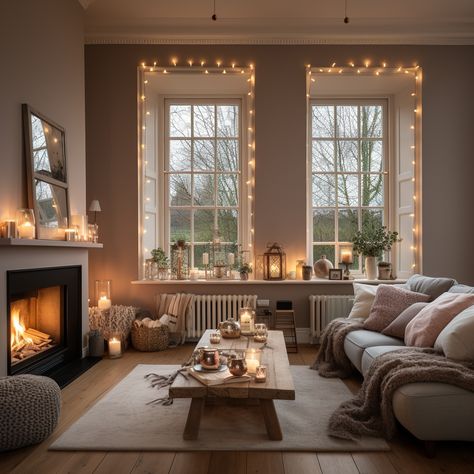 Twinkle Lights Living Room Decor, Beautiful Christmas Living Room, Living Room With Candles, Fairy Light Living Room Decor, Christmas Lights In Living Room Ideas, Cosy White Living Room, Fairy Lights Lounge, Twinkle Lights In Living Room, Fairy Lights Dining Room