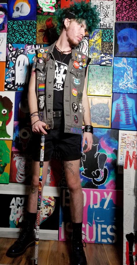 Queer Core Punk, Nonbinary Punk Fashion, Cripple Punk Aesthetic, Disabled Fashion Cane, Mobility Aid Decoration, Pulling Shirt Up Pose Reference, Cripplepunk Aesthetic, Mobility Aid Pose Reference, Mobility Aid Aesthetic