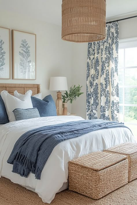 Boho bedroom with blue block print curtains gently filtering light. Light Blue Primary Bedroom, Neutral Bedding With Blue Accents, Light Blue Bedroom Decor Ideas, Bright Guest Bedroom, White Bedding With Blue Accents, Blue Bedroom Decor Ideas, Blue Bohemian Bedroom, Blue Accent Bedroom, Blue Bedroom Ideas