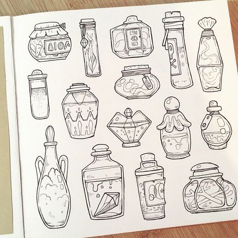 Johanna Forster on Instagram: "✨A collection of magic alchemy bottles. Do you have an idea for the second page with darker paper? 🤔 more bottles? Colored ones? Or ingredients? I passed my exams today 😍 greatest feeling! #magic #collection #bottles #alchemy #art #sketchbook #sketching #artist #freelancer #drawing #conceptart #illustration" Dungeons And Dragons Art Illustrations, Alchemy Bottles, Alchemy Art, Dungeons And Dragons Art, Stickers Magnets, Handmade Book, Magic Art, I Passed, Book Art Drawings