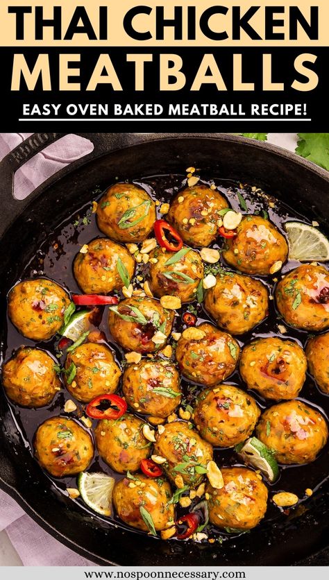 Thai Meatballs With Peanut Sauce, Thai Basil Meatballs, Thai Meatballs Turkey, Indian Chicken Meatballs, Chilli Meatballs Recipe, Thai Chicken Meatballs With Peanut Sauce, Thai Basil Chicken Meatballs, Easy Thai Dinner Recipes, Sticky Chicken Meatballs