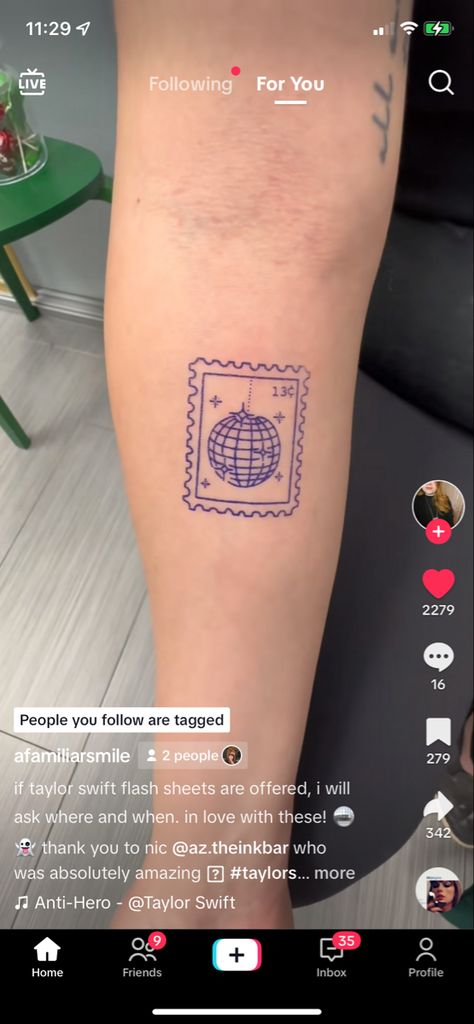 Disco Stamp Tattoo, Concert Lover Tattoo, Lowkey Taylor Swift Tattoos, Stamp Tattoo Taylor Swift, Taylor Swift 13 Tattoo Ideas, Taylor Swift Speak Now Tattoo, Taylor Swift Stamp Tattoo, Ts Tattoos, Subtle Taylor Swift Tattoo