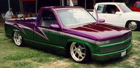 Rad trucks in the 90's - Billet & Crazy paint | GMC Truck Forum Truck Paint Jobs, Obs Truck, Bagged Trucks, Dream Car Garage, Custom Chevy Trucks, Truck Paint, Show Trucks, Chevy C10, Custom Paint Jobs