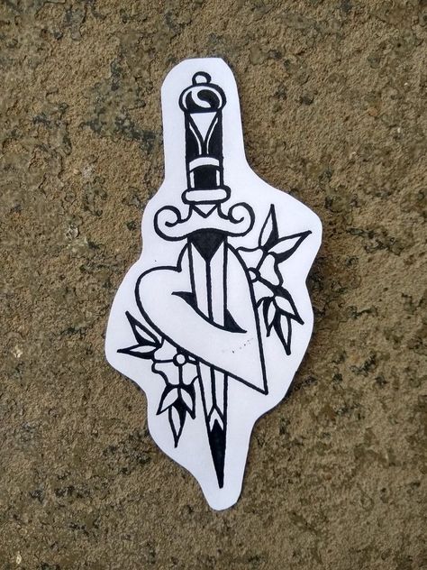 Traditional Knife Through Heart Tattoo, Carhartt Tattoo, American Traditional Knife Tattoo, Old School Knife Tattoo, Trad Dagger Tattoo, Traditional Tattoo Knife, Traditional Card Tattoo, American Traditional Knife, Knife Through Heart Tattoo