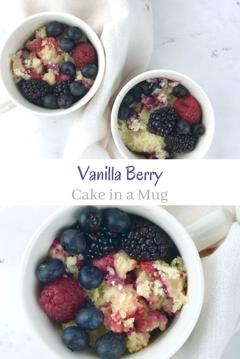 Easy and delicious Vanilla Berry Cake in a Mug is a single serving dessert that is ready in 60 seconds! Vanilla Berry Cake, Berry Mug Cake, Easy Vanilla Cake, Cake In A Mug, Single Serve Desserts, Berry Pie, Berry Cake, Delicious Cake Recipes, Recipe Community