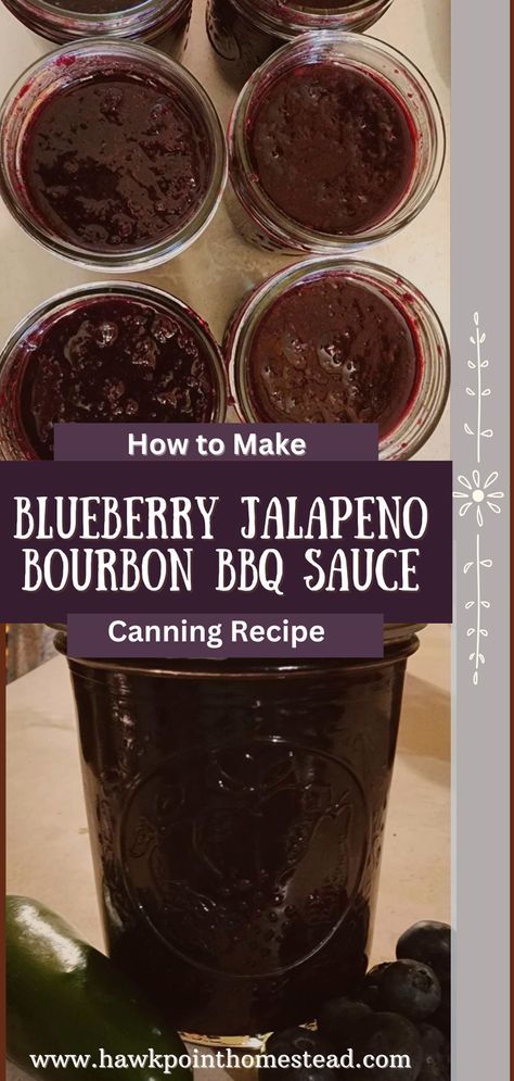 This recipe for blueberry jalapeno bourbon BBQ sauce recipe for canning is a delicious and wonderful twist on traditional BBQ sauce. The blueberries give it a sweet flavor and combined with tangy flavor of the peppers make it a taste out of this world. Plus adding the bourbon gives it a smooth delicious flavor that pairs perfectly with grilled meats like ribs, chicken and pork. This sweet BBQ sauce with its little bit of heat has an interesting flavor that can be made more spicy or less spicy. Bbq Sauce For Canning, Boozy Sweets, Cold Cellar, Bourbon Bbq Sauce Recipe, Bourbon Bbq Sauce, Food Canning, Sweet Bbq Sauce, Canning Ideas, Blackberry Recipes