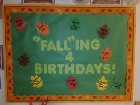 Falling 4 Birthdays Fall Birthday Boards Preschool, November Birthday Board Ideas, Fall Birthday Wall For Classroom, September Birthday Board, November Birthday Bulletin Board Ideas, Fall Birthday Bulletin Boards, November Birthday Bulletin Boards, September Birthday Board Ideas, Fall Birthday Board