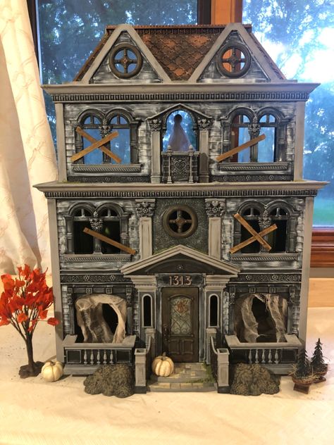 Spooky Doll House Diy, Fisher Price House Makeover, Fisher Price Dollhouse Makeover Diy, Scary Doll House, Fisher Price Haunted Dollhouse, Spooky Doll House, Doll House To Haunted House, Doll House Haunted House, Halloween Upcycle