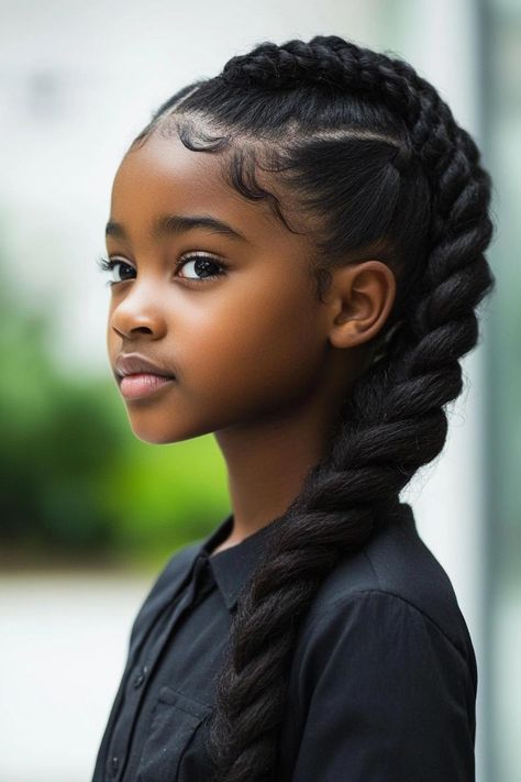 backtoschool, black hair, hairstyles Child Hairstyles Girl, Girls Braids Black Kids, One Braid Ponytail, Ponytail Hairstyles For Kids, Children Hairstyles, To Braids, Hairstyles For Black Girls Kids, School Braids, Quick Hairstyles For School