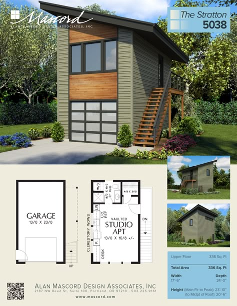 A new contemporary garage plan, with studio apartment above.  The perfect complimentary structure to your Mascord contemporary home! Garage Studio Apartment, Two Story Garage, Contemporary Garage, Garage Plans With Loft, Plan Garage, Guest House Plans, Garage Guest House, Carriage House Plans, Garage Loft