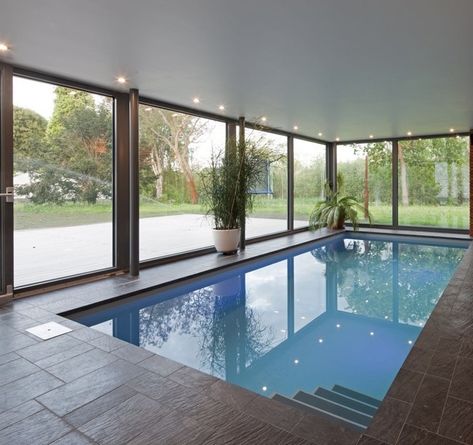 Indoor Pool And Sauna, Indoor Heated Pool, Indoor To Outdoor Pool, Residential Indoor Pool, Indoor Plunge Pool, Indoor Pools In Houses, Indoor Pool Ideas Affordable, Modern Indoor Pool, Indoor Swim Spa